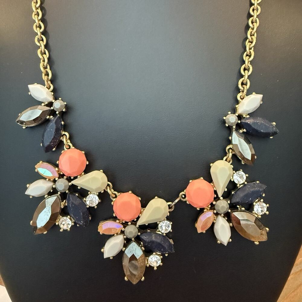 J. Crew Statement Fashion Necklace Pink Gray Blue Crystal Brass Tone Metal